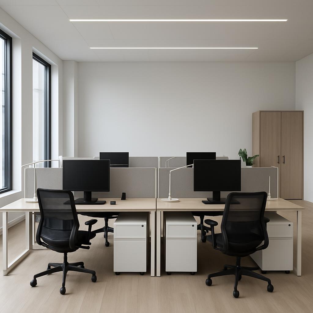 Open-plan office with light wood floors, white walls, and black framed windows. Two L-shaped desk spaces with two black er...