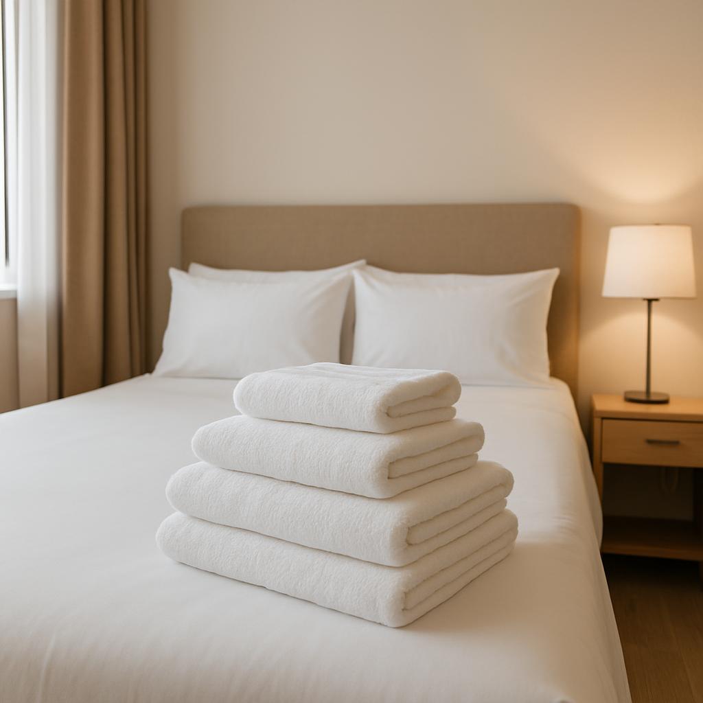 A neatly folded stack of four white towels sits atop a neatly-made bed with inviting white sheets, plush pillows, and a wa...