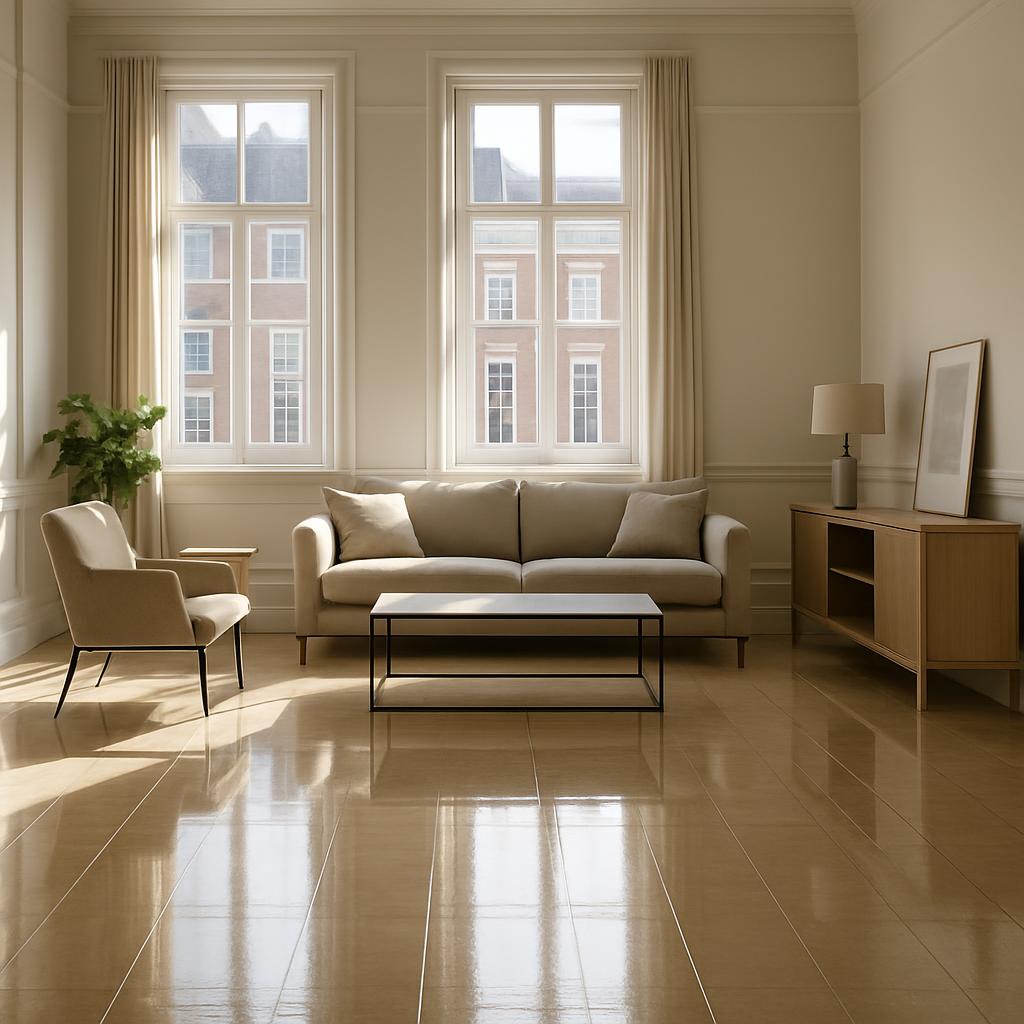 A well-lit living room with a beige sofa, a coffee table, a beige chair, and a light brown side table is depicted.