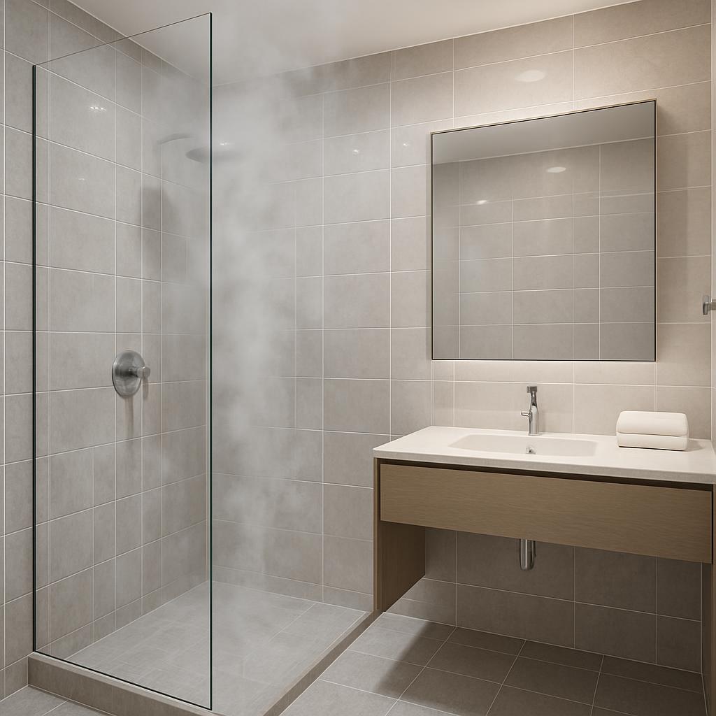 A modern bathroom with a glass-enclosed shower and a floating, rectangular vanity. The room features: * Light grey walls a...