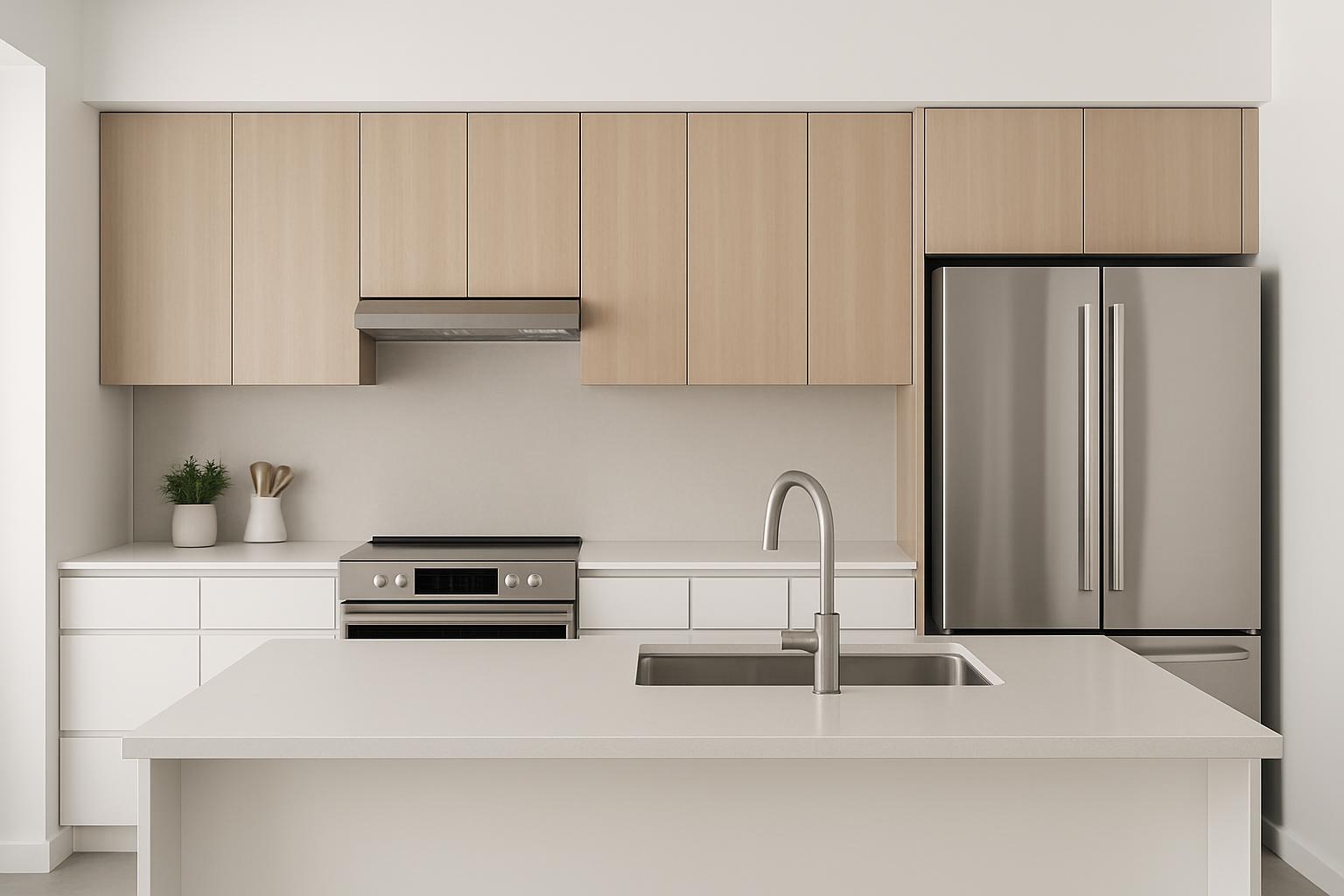 A modern closed-plan kitchen with light wood cabinets, stainless steel appliances, and white countertops. Full-length stai...