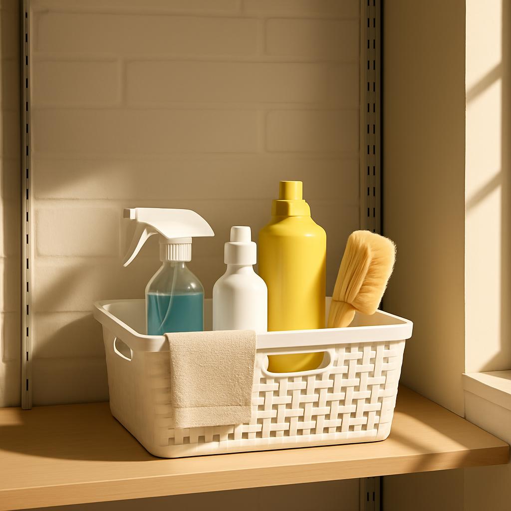 A photograph of a white wicker basket in a beige toned, front-open shelf, containing a tan hand towel, and a selection of ...